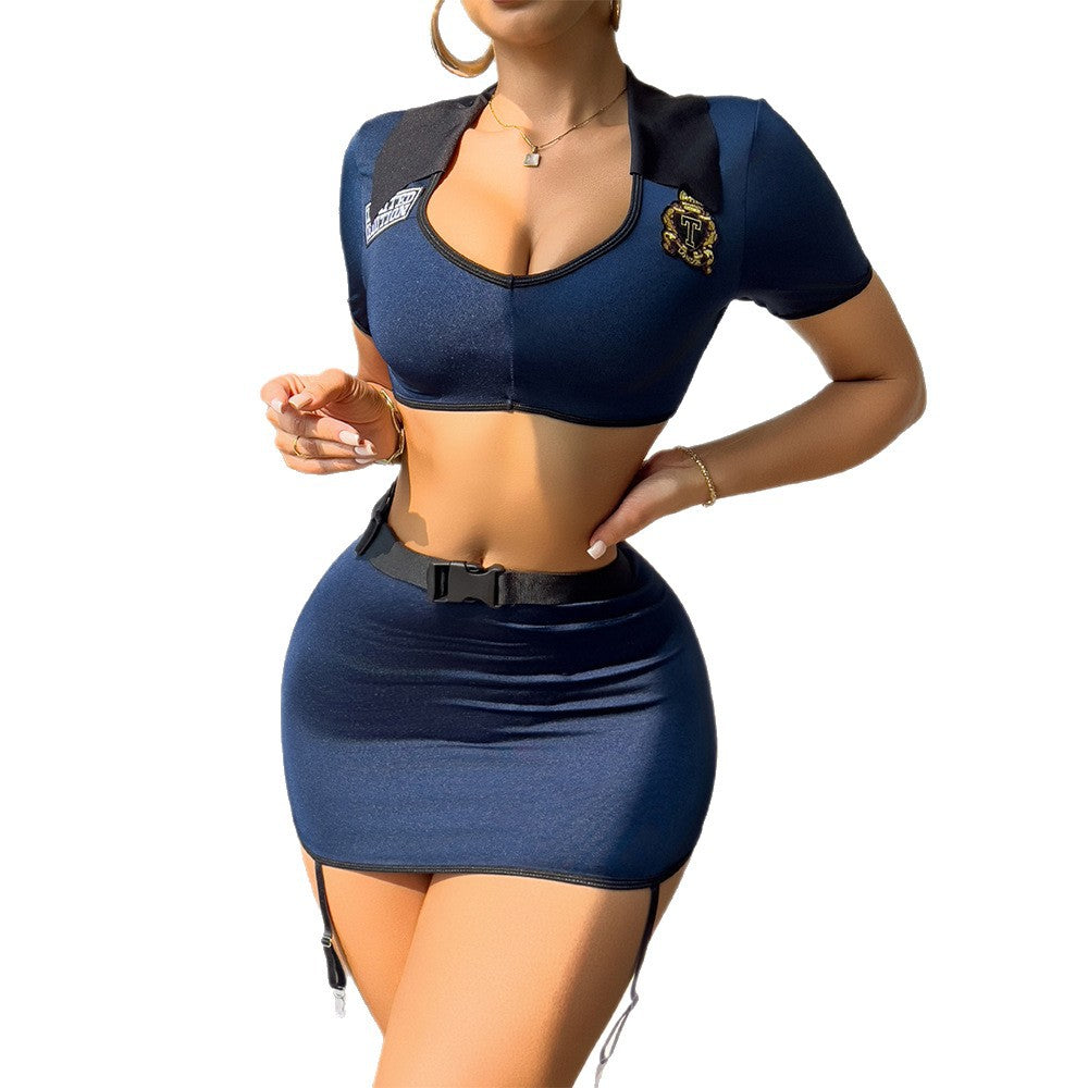 Policière : Parure Crop-Top Col Claudine & Mini-Jupe Bleue